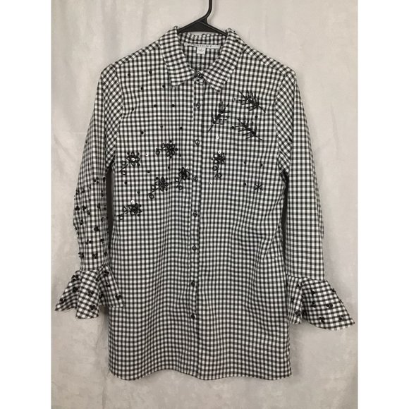 Insight Women's Small Button Down Long Sleeve Checkered Bell Sleeves Embellished - Picture 10 of 11